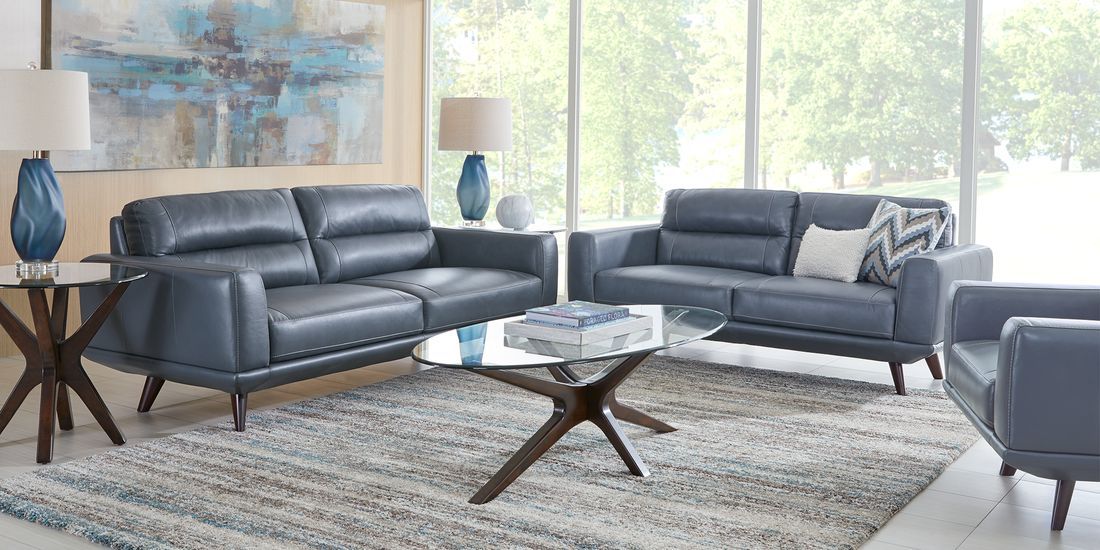 Sofia Vergara Capistrano Blue Leather Sectional Living Room